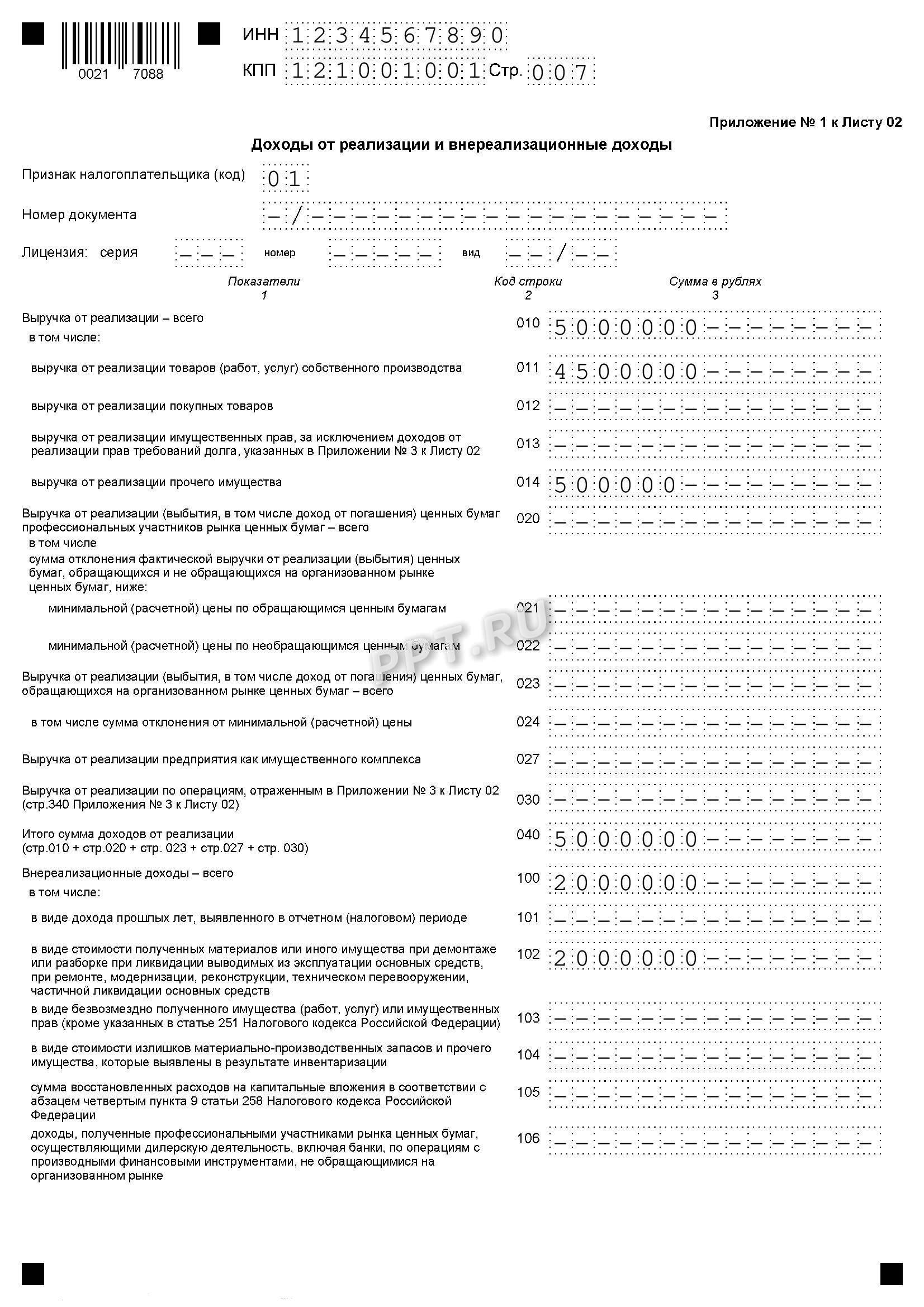 Приложение № 1 к листу 02 декларации по налогу на прибыль (стр. 1)