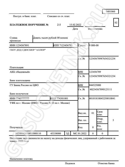 Образец платежного поручения за третье лицо налоги