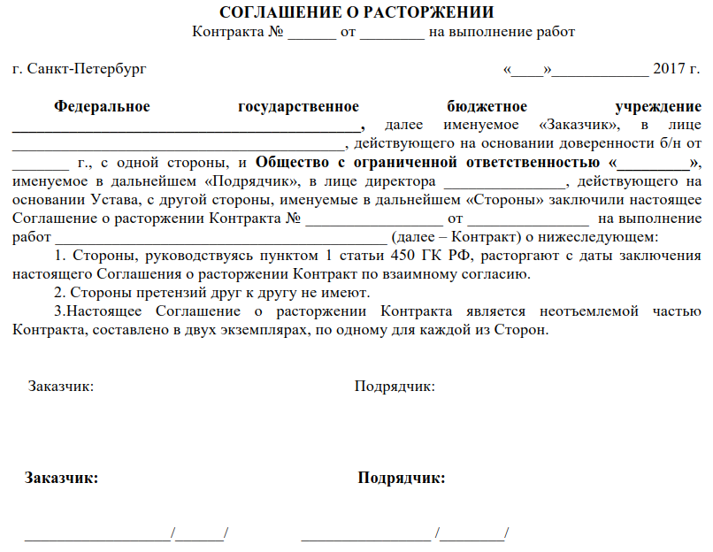 Расторжение контракта поставщиком по 44 фз. Типовое соглашение о расторжении контракта по 44 ФЗ образец. Расторжение соглашения по согласию сторон. Форма соглашения о расторжении договора по соглашению сторон. Образец соглашения по расторжению договора по соглашению сторон.