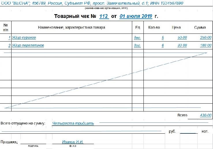 Оформление товарного чека образец