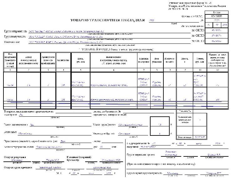 Образец заполнения товаро транспортной накладной форма 1 т