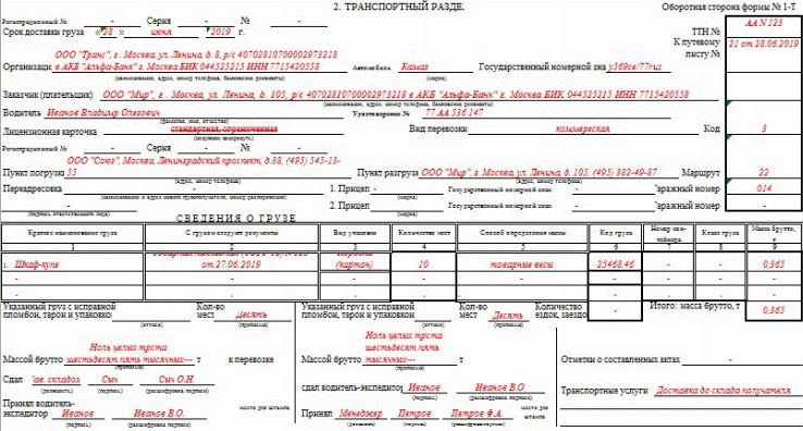 Транспортный раздел ттн образец