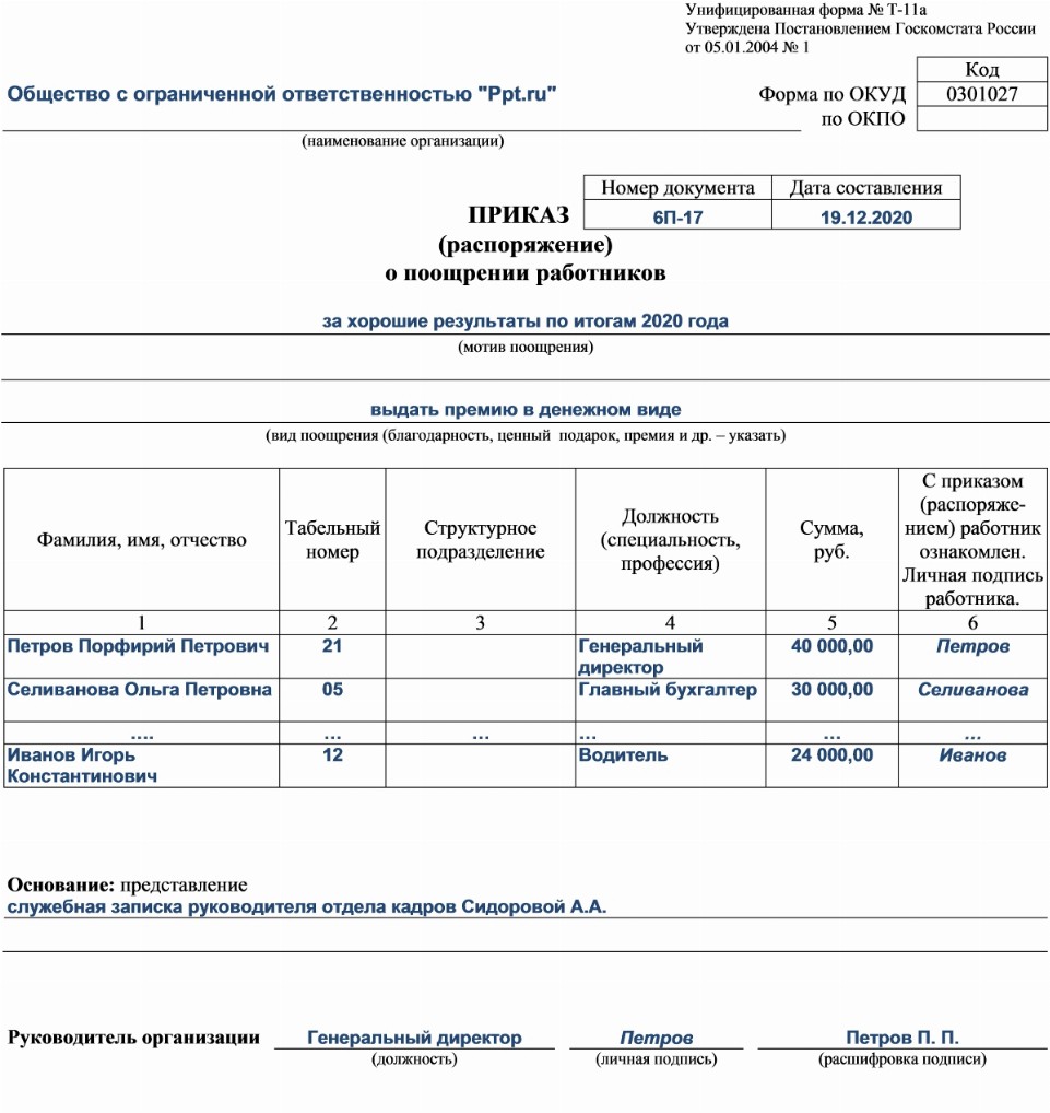 Докладная на премирование работников образец