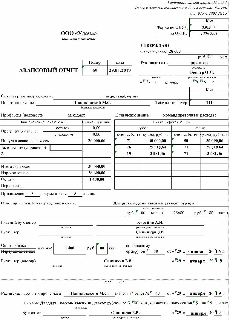 Авансовый отчет пример заполнения ворд