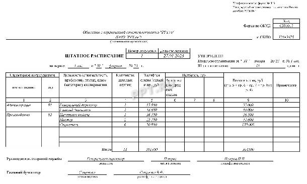 Штатное расписание образец заполнения для ооо
