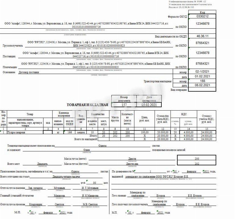 Товарная накладная по форме торг 12 образец