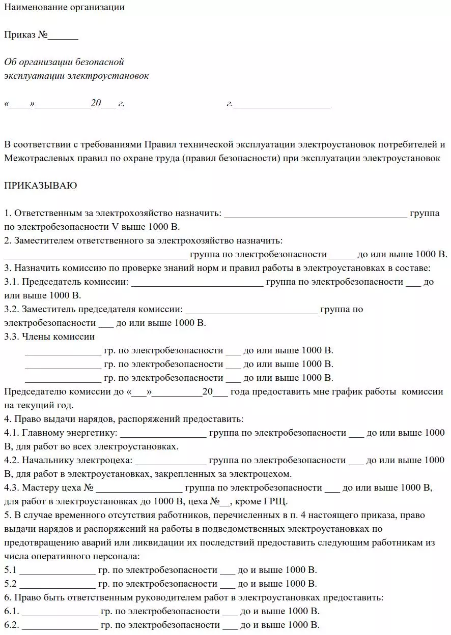 Образец приказа о назначении ответственного за электрохозяйство 2024