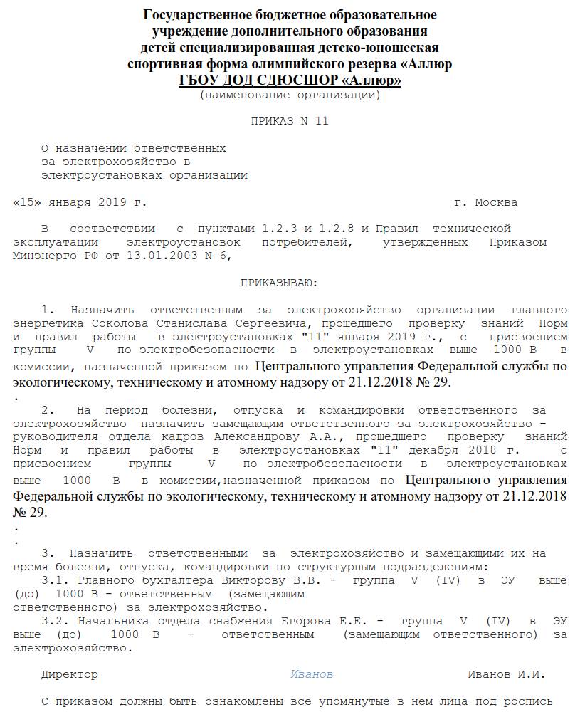 Образец приказа о назначении ответственного за электрохозяйство 2024