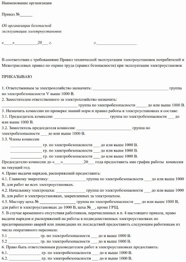 Образец приказа о назначении ответственного за электрохозяйство 2024