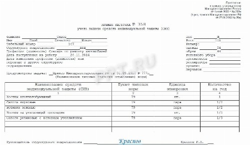 Таблица выдачи спецодежды образец