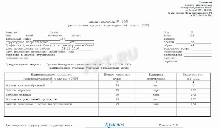 Карточка выдачи спецодежды образец 2022