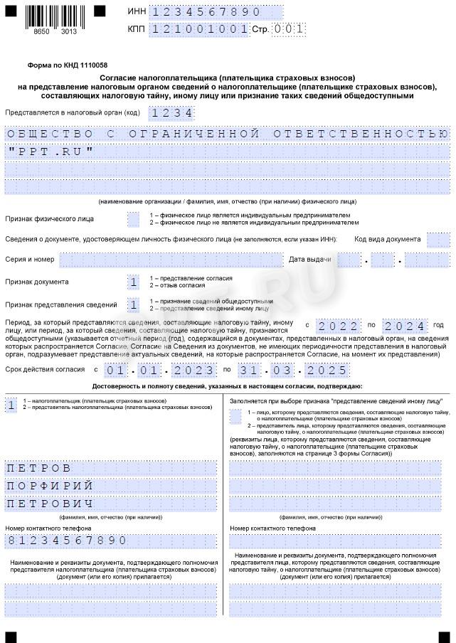 Образец заполнения формы по КНД 1110058 для юридического лица (стр. 1)