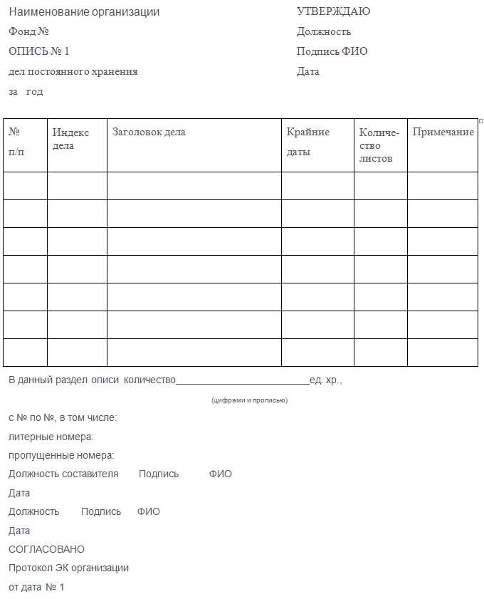 Реестр описей дел в архиве образец заполнения в ворде