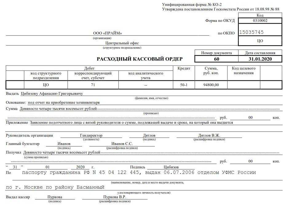 Расходный кассовый ордер по зарплате образец