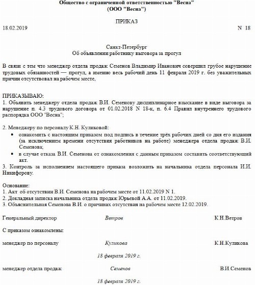 Акт об увольнении работника за прогул образец