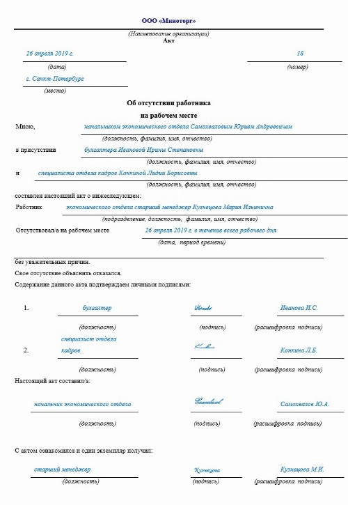 Акт о прогуле сотрудника образец