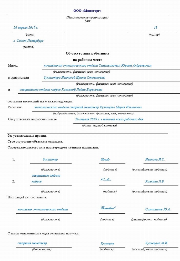 Акт о ненахождении на рабочем месте образец