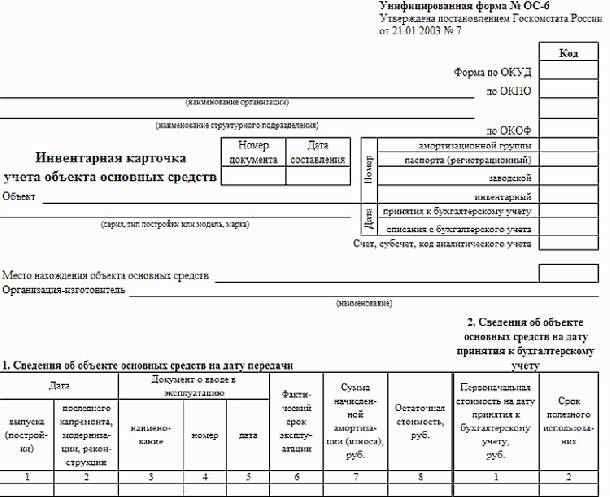 Инвентарные карточки основных средств