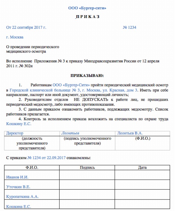 Приказ о проведении периодического медосмотра в 2022 году образец