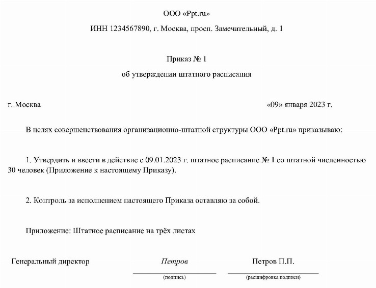 Приказ об утверждении штатного расписания образец