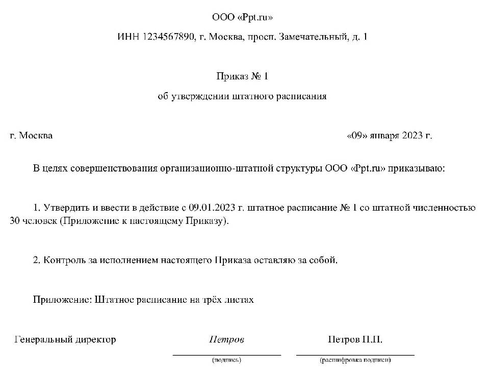 Приказ об утверждении штатного расписания образец рб