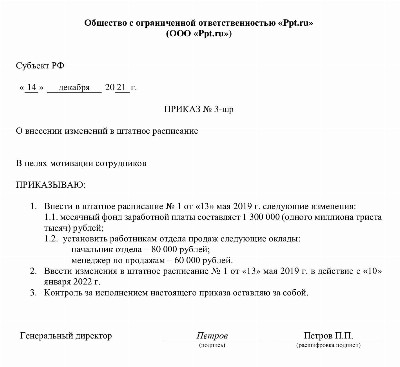 Приказ на утверждение штатного расписания образец 2022