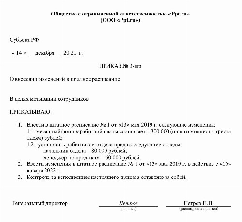 Приказ о введении в штатное расписание новой должности образец 2022