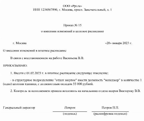 Приказ на утверждение штатного расписания образец 2022