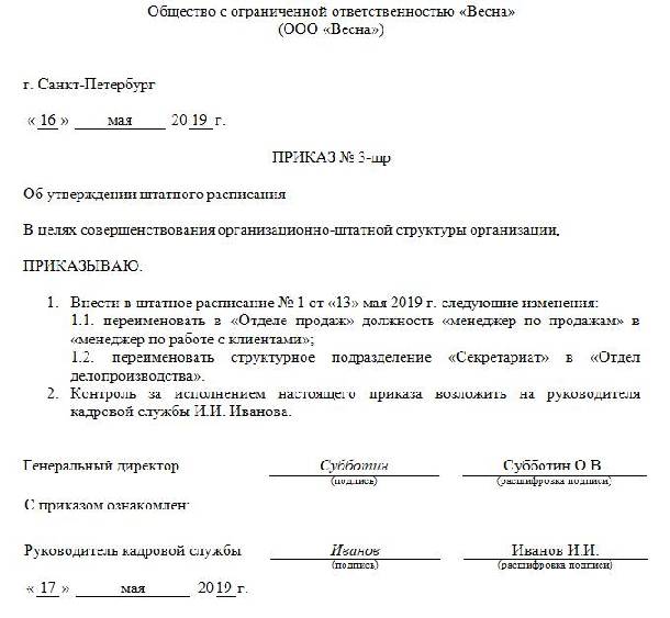 Образец приказа об утверждении штатного расписания в связи с индексацией