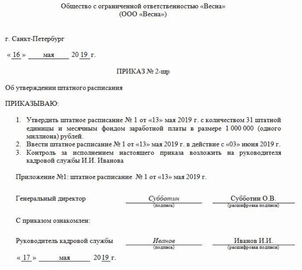 Приказ о новом штатном расписании образец