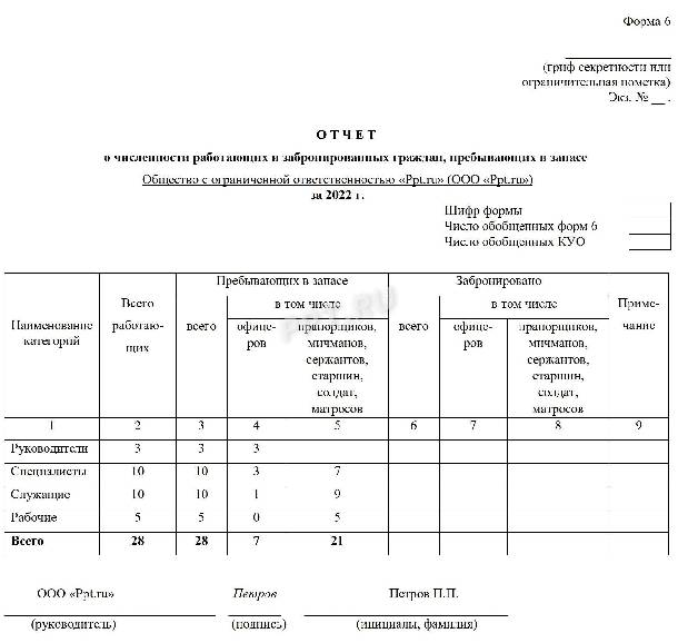 Отчет форма 6 военкомат образец заполнения