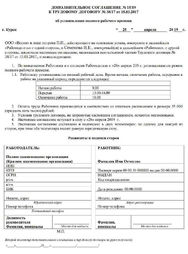 Допсоглашение о переводе на полную ставку образец по инициативе работника