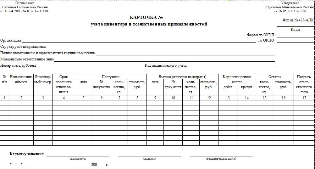 Карточка учета нма образец заполнения