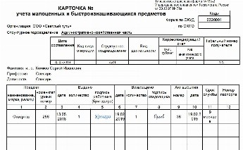 Арматурная карта для учета мягкого инвентаря