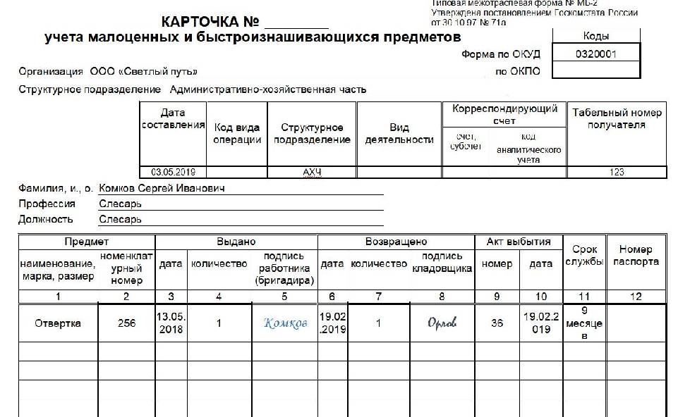 Карточка работника на получение инструмента образец