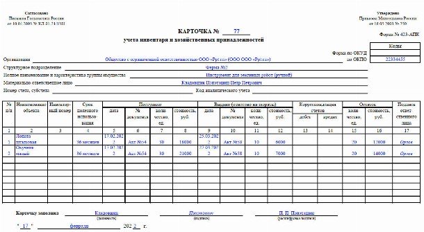 Арматурная карта для учета мягкого инвентаря