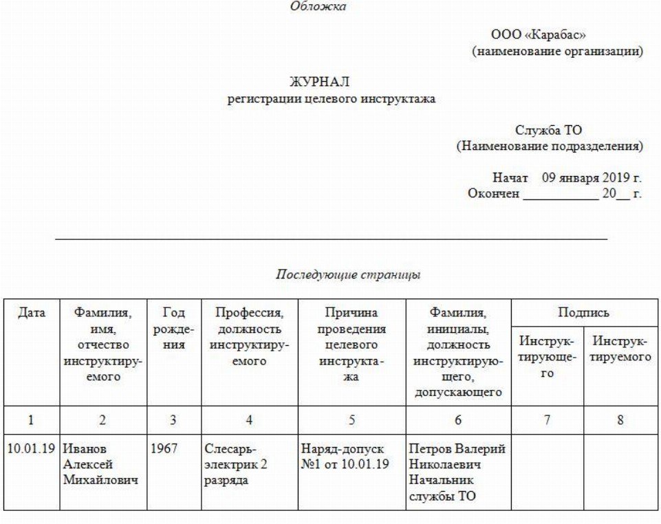 Образец журнал регистрации целевого инструктажа по охране труда образец