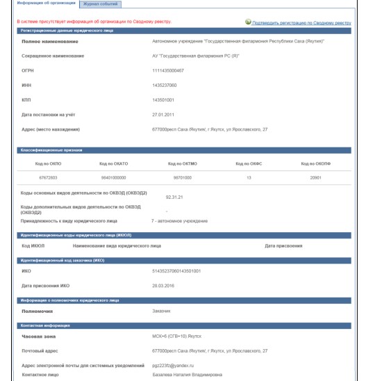 Данные организации в ЕИС по 223-ФЗ