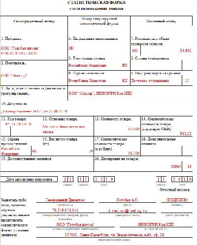 Статистическая форма учета перемещения товаров таможенного союза образец заполнения