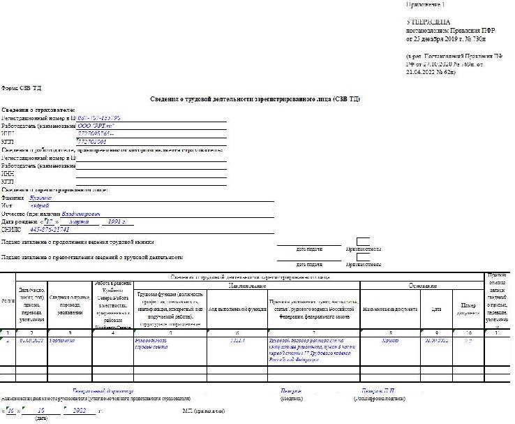 Образец заполнения сзв тд в 2023 году