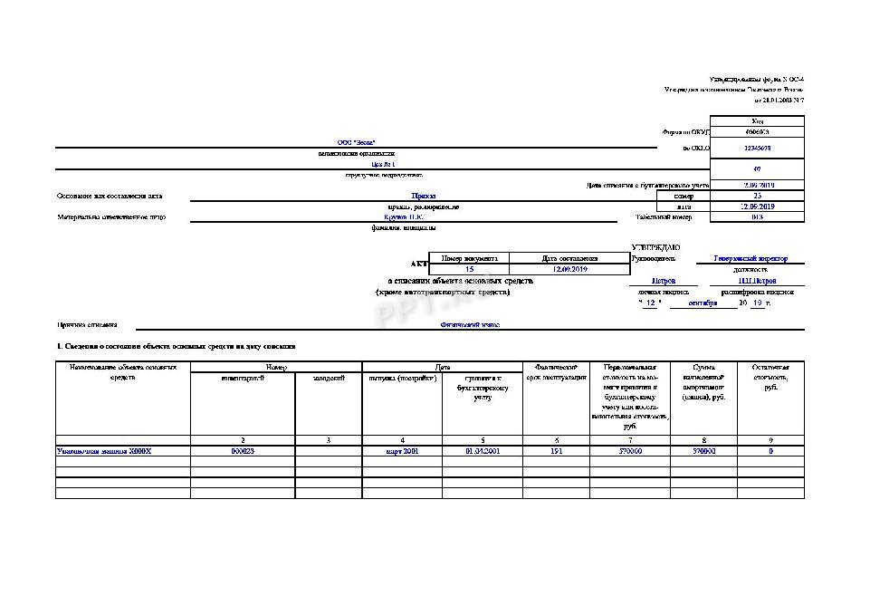 В ввод в эксплуатацию основных средств образец