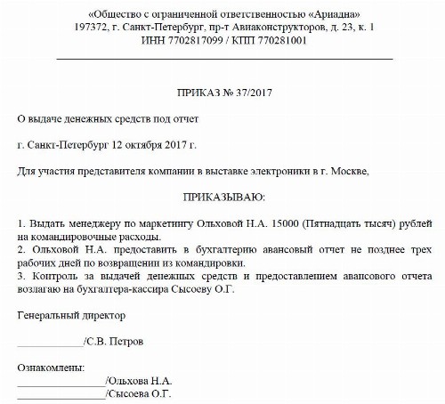 Приказ о возмещении денежных средств работнику образец