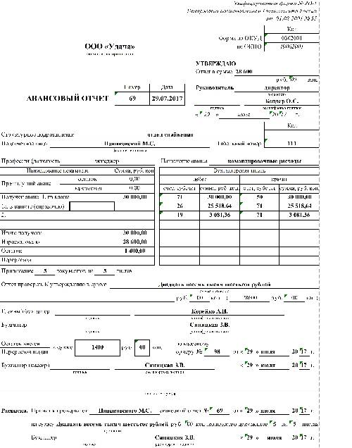 Образец заполнения авансового отчета 2019г подотчетным лицом