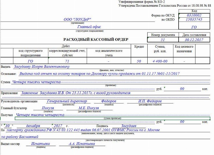 Образец заполнения РКО в подотчет 2024 | Скачать форму, бланк