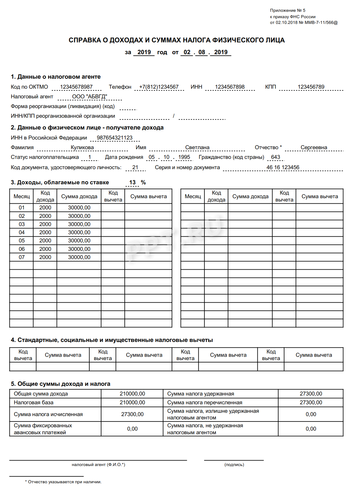 Образец справки о доходах за год