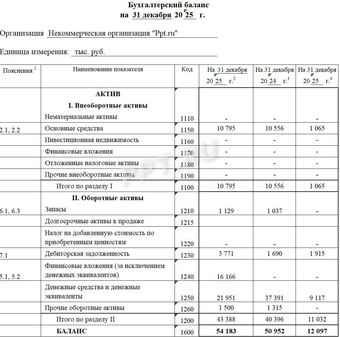 Образец бухгалтерского баланса для НКО (стр. 1)