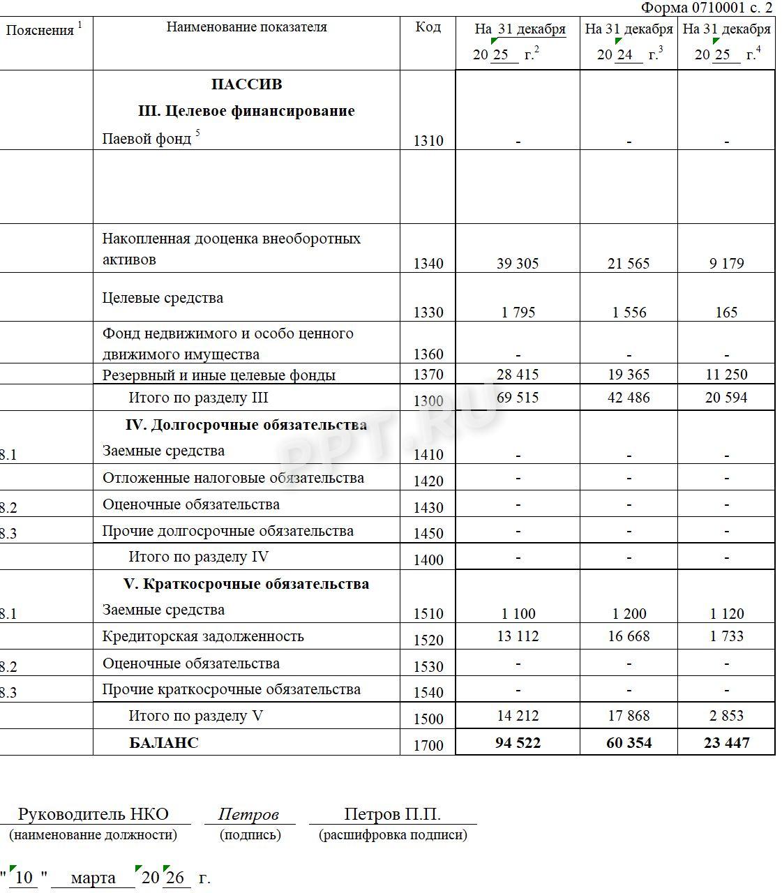 Образец бухгалтерского баланса для НКО (стр. 2)