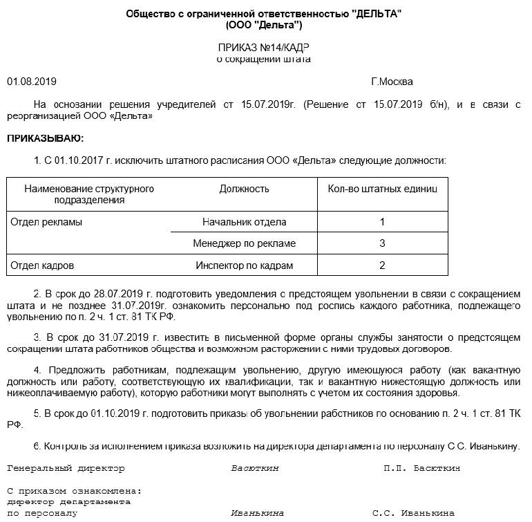 Образец приказа об увольнении по сокращению штата работников в бюджетном учреждении