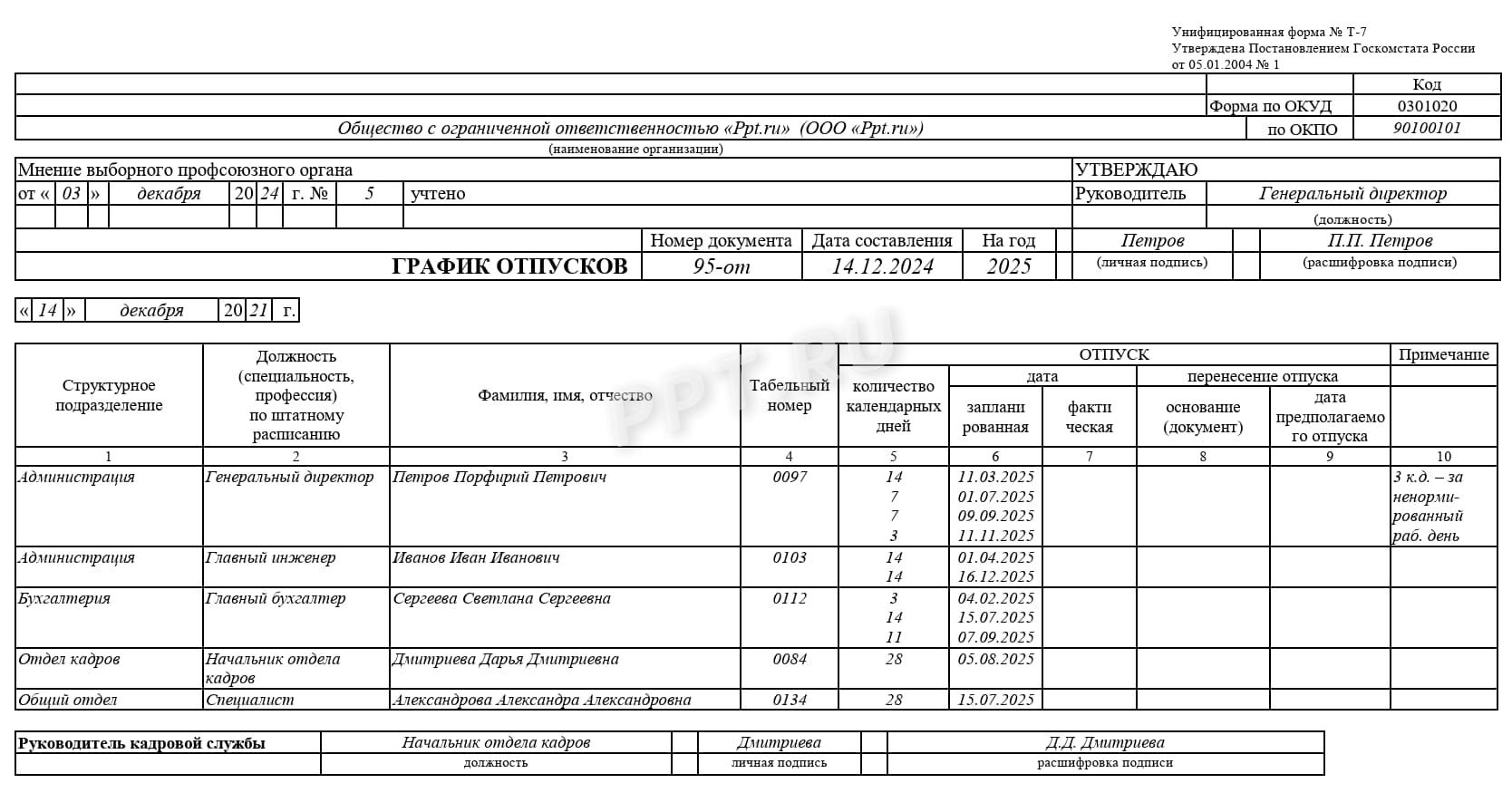 Заполненный образец графика отпусков 