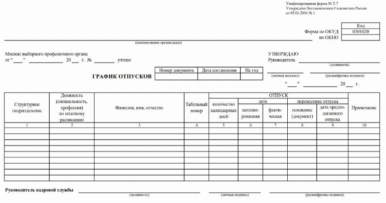 График отпусков образец заполнения 2022